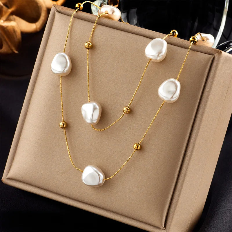316L Stainless Steel 2in1 Large Pearl Pendant Necklace for Women New Trend Girls Neck Jewelry Chain Party Wedding Gift