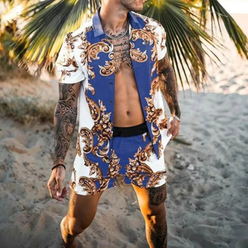 Summer Exquisite Men's Shirt Set Coconut Print Short Sleeve Top Leopard Print Shorts 2 Piece Hawaii Beach Men's Fashion Clothing