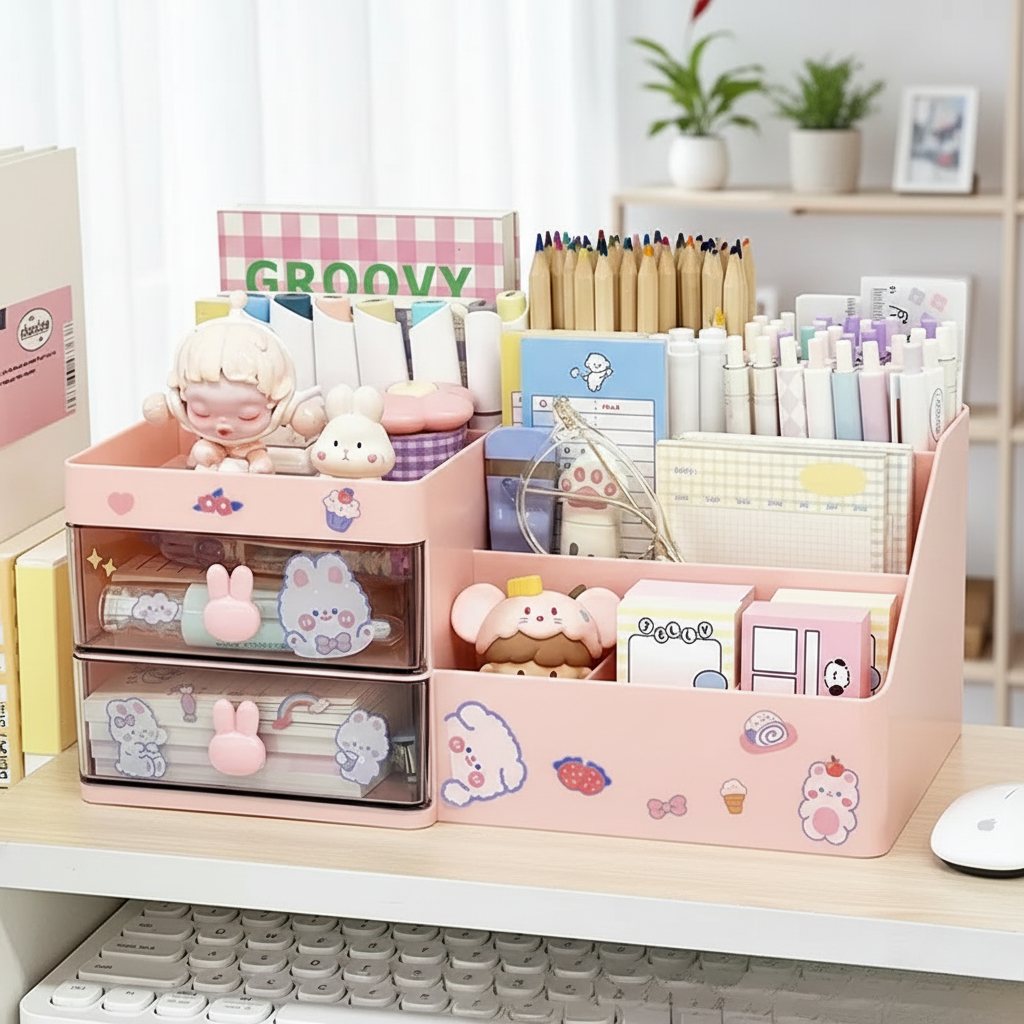 Kawaii Bunny Desktop Organizer | Cosmetic & Office Storage Box with Drawer | Desk Supplies Holder