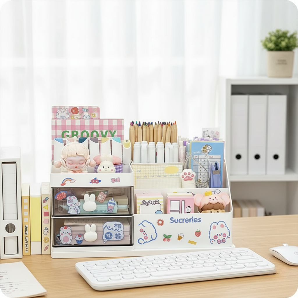 Kawaii Bunny Desktop Organizer | Cosmetic & Office Storage Box with Drawer | Desk Supplies Holder