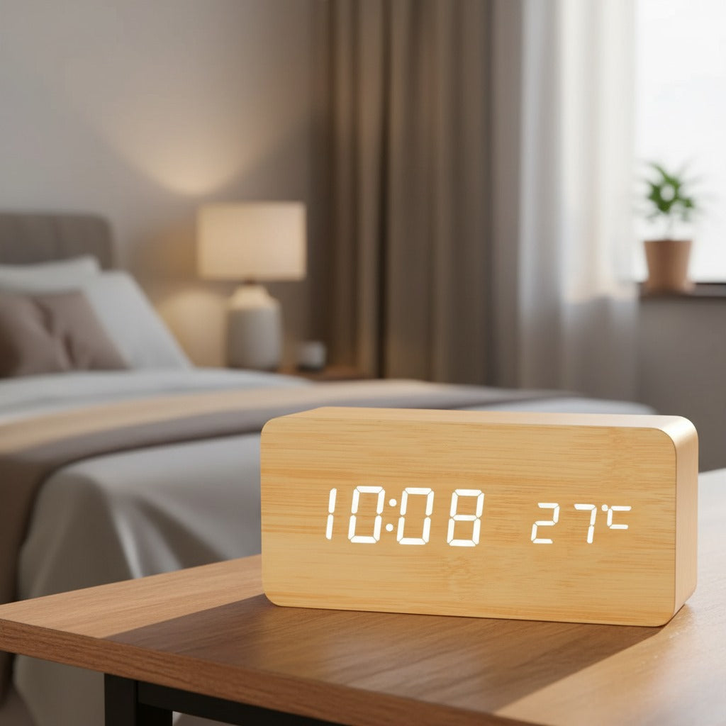 Wooden LED Digital Clock | Smart Alarm Clock with Temperature, Date & Sound Control