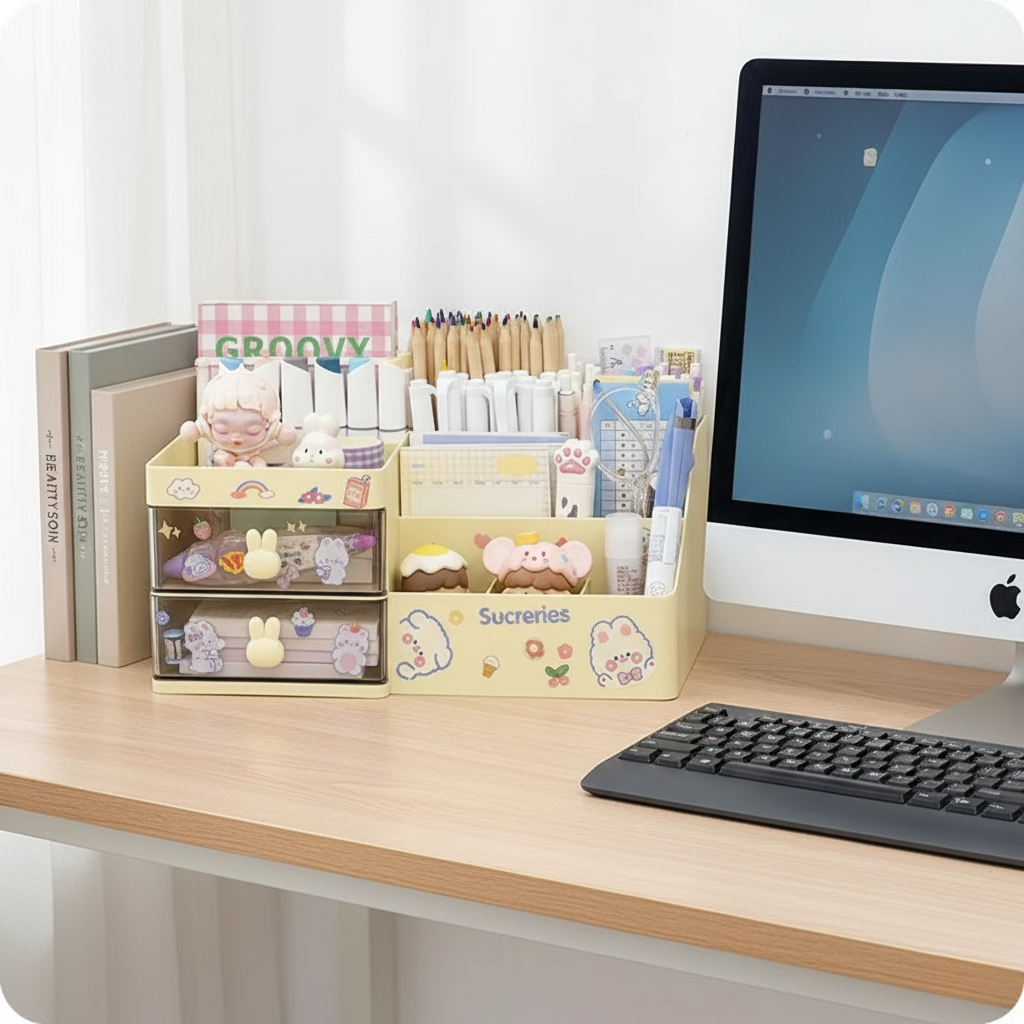 Kawaii Bunny Desktop Organizer | Cosmetic & Office Storage Box with Drawer | Desk Supplies Holder